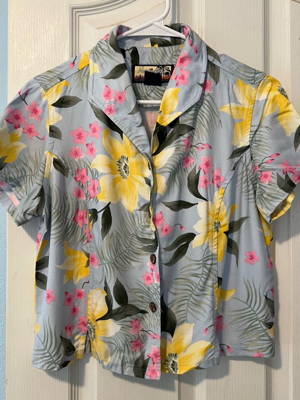 Hawaiian Havana Jack’s Cafe floral button-down shirt- blue Size Petite Medium